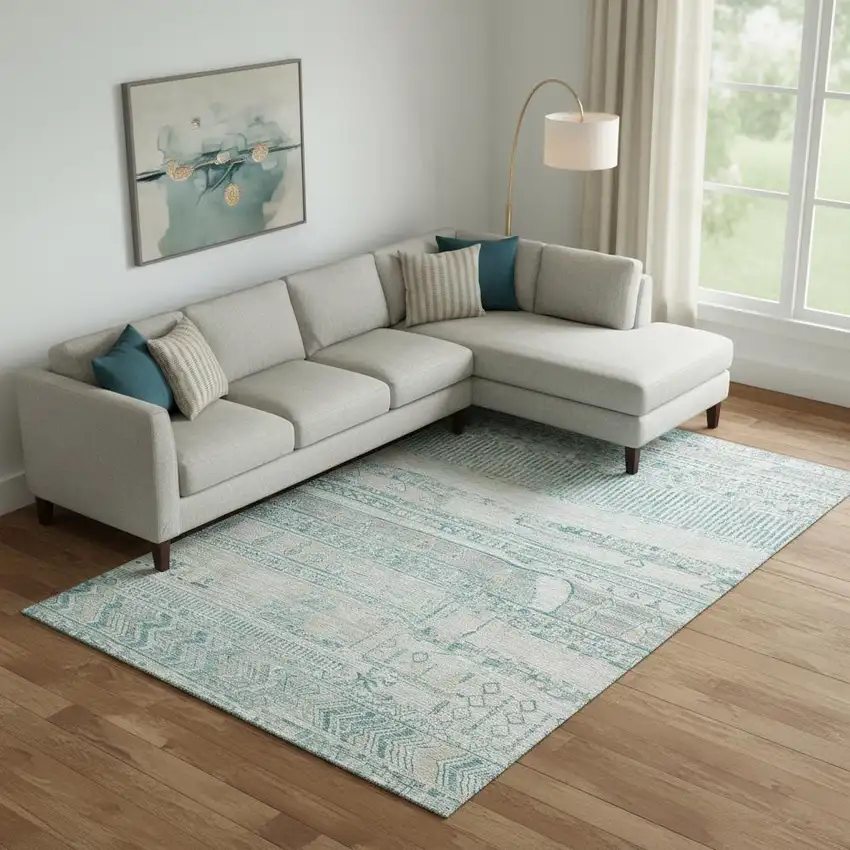 Teal And Gray Striped Washable Area Rug With UV Protection Photo 2