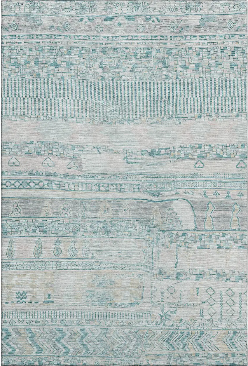 Teal And Gray Striped Washable Area Rug With UV Protection Photo 1