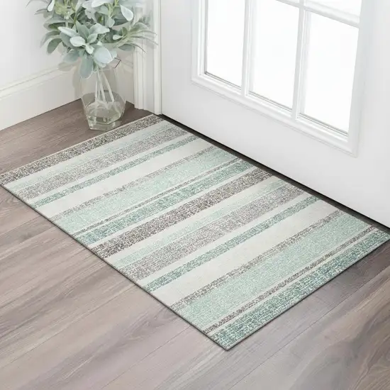Teal And Gray Striped Washable Area Rug With UV Protection Photo 2