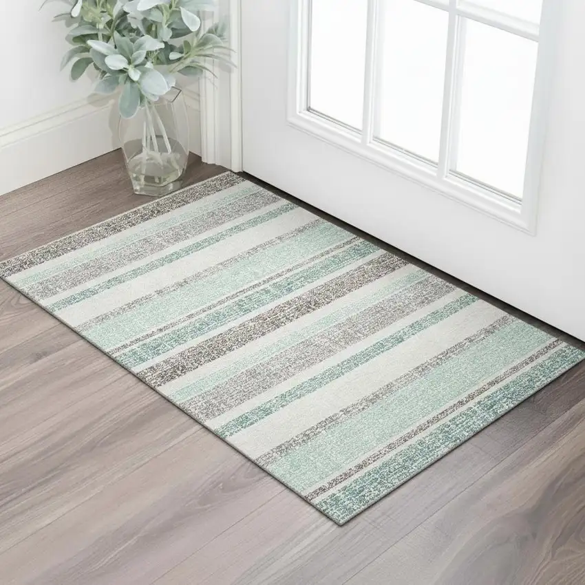 Teal And Gray Striped Washable Area Rug With UV Protection Photo 2