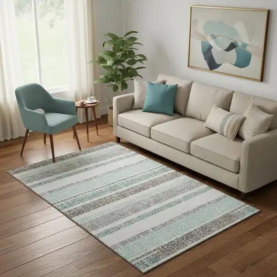 Teal And Gray Striped Washable Area Rug With UV Protection Photo 2