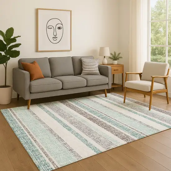 Teal And Gray Striped Washable Area Rug With UV Protection Photo 5