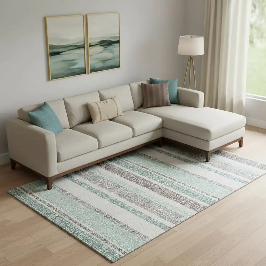 Teal And Gray Striped Washable Area Rug With UV Protection Photo 2