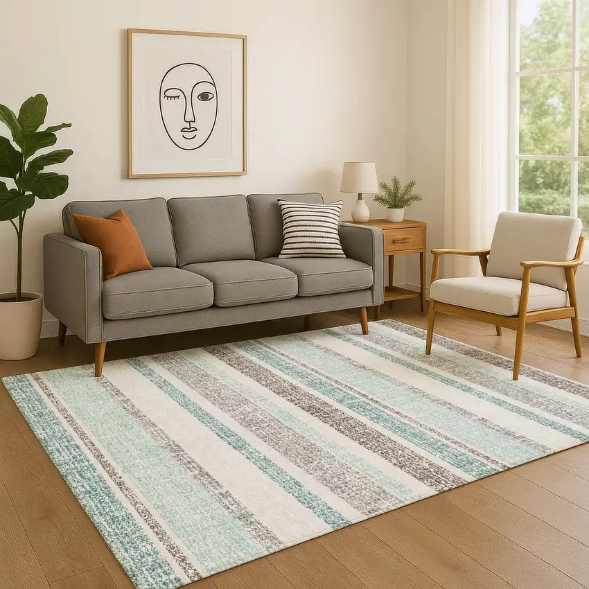 Teal And Gray Striped Washable Area Rug With UV Protection Photo 5