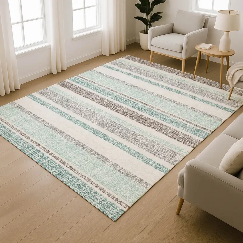 Teal And Gray Striped Washable Area Rug With UV Protection Photo 6