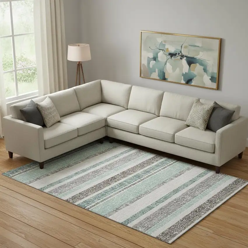 Teal And Gray Striped Washable Area Rug With UV Protection Photo 2