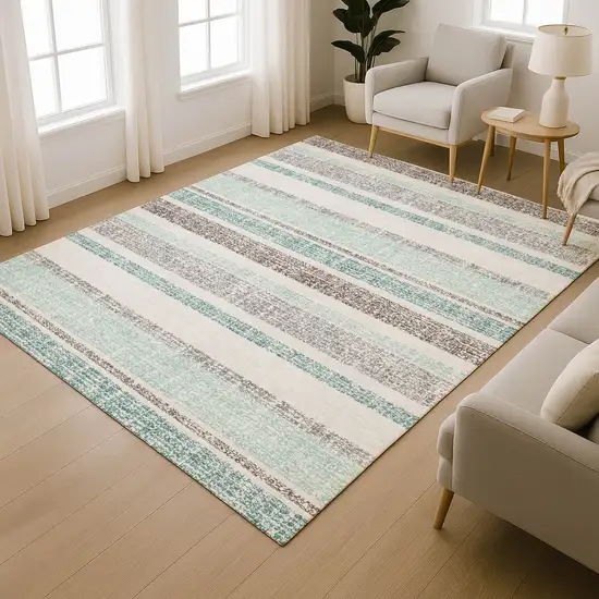 Teal And Gray Striped Washable Area Rug With UV Protection Photo 6