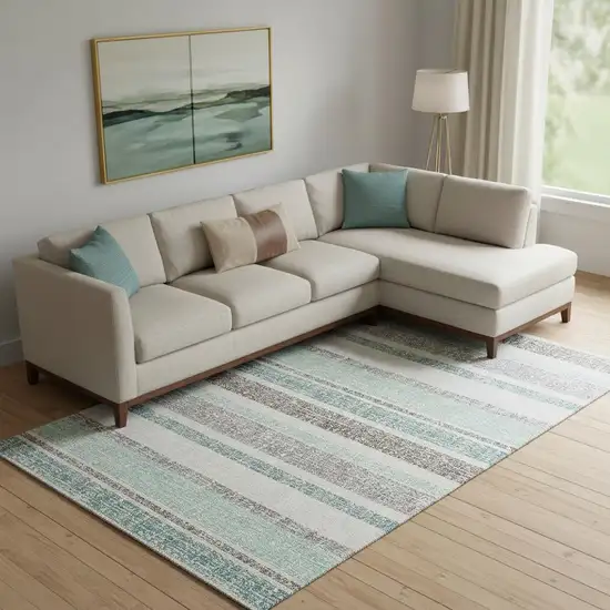 Teal And Gray Striped Washable Area Rug With UV Protection Photo 2