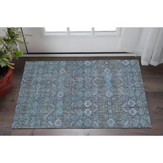 Teal And Gray Tribal Washable Area Rug With UV Protection Photo 2