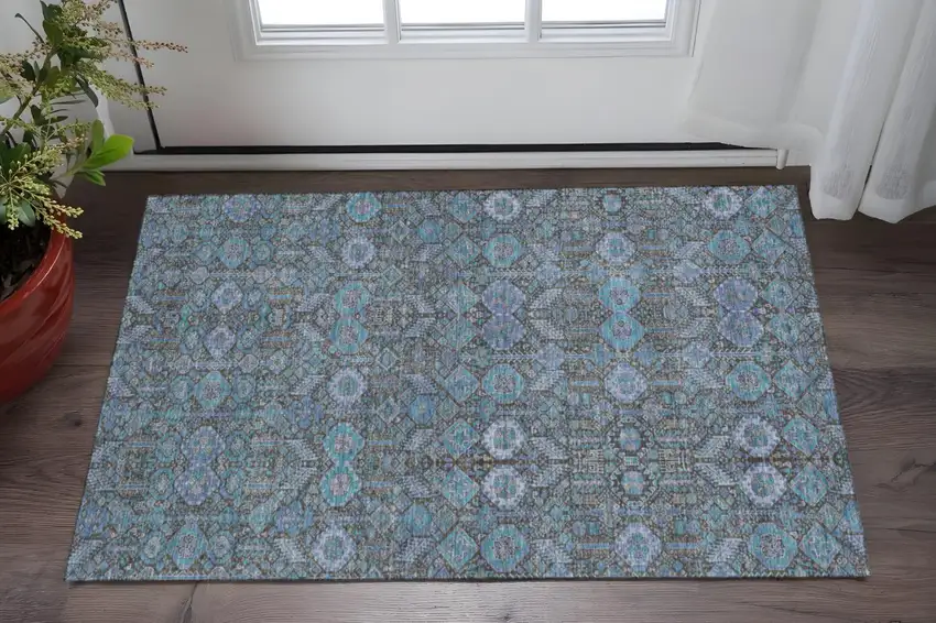 Teal And Gray Tribal Washable Area Rug With UV Protection Photo 2