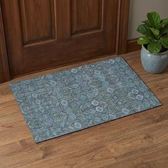 Teal And Gray Tribal Washable Area Rug With UV Protection Photo 1