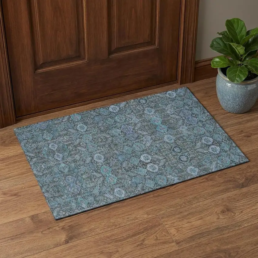 Teal And Gray Tribal Washable Area Rug With UV Protection Photo 1