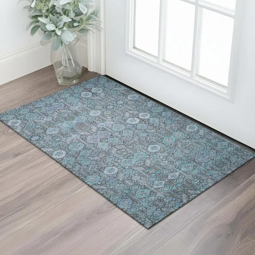 Teal And Gray Tribal Washable Area Rug With UV Protection Photo 1