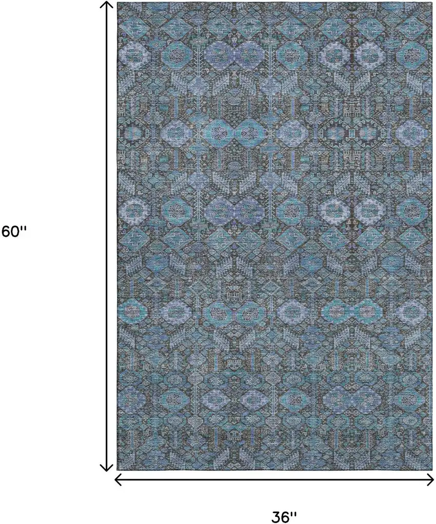 Teal And Gray Tribal Washable Area Rug With UV Protection Photo 3