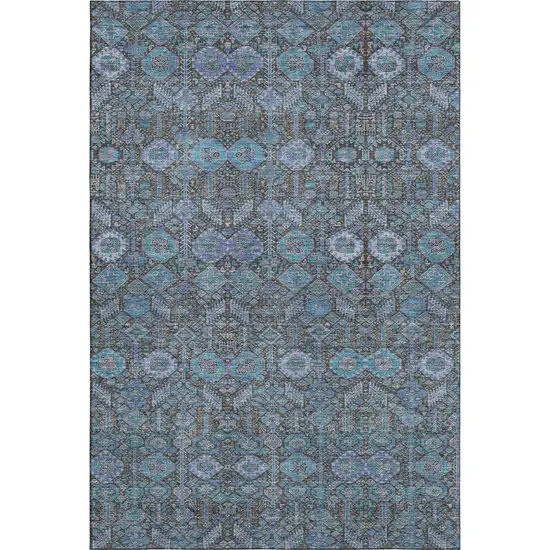 Teal And Gray Tribal Washable Area Rug With UV Protection Photo 1