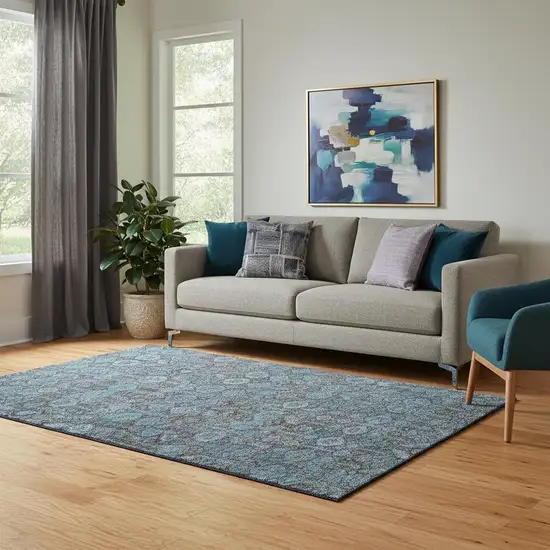Teal And Gray Tribal Washable Area Rug With UV Protection Photo 1