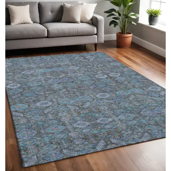 Teal And Gray Tribal Washable Area Rug With UV Protection Photo 2