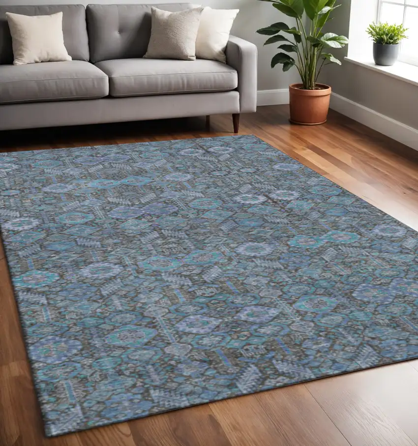 Teal And Gray Tribal Washable Area Rug With UV Protection Photo 2