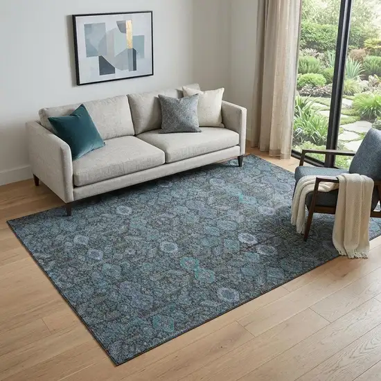 Teal And Gray Tribal Washable Area Rug With UV Protection Photo 1