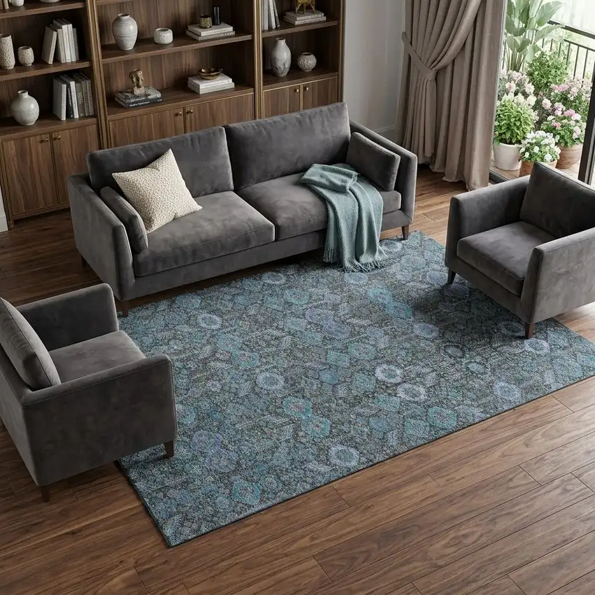 Teal And Gray Tribal Washable Area Rug With UV Protection Photo 1