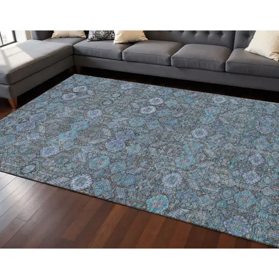 Teal And Gray Tribal Washable Area Rug With UV Protection Photo 2