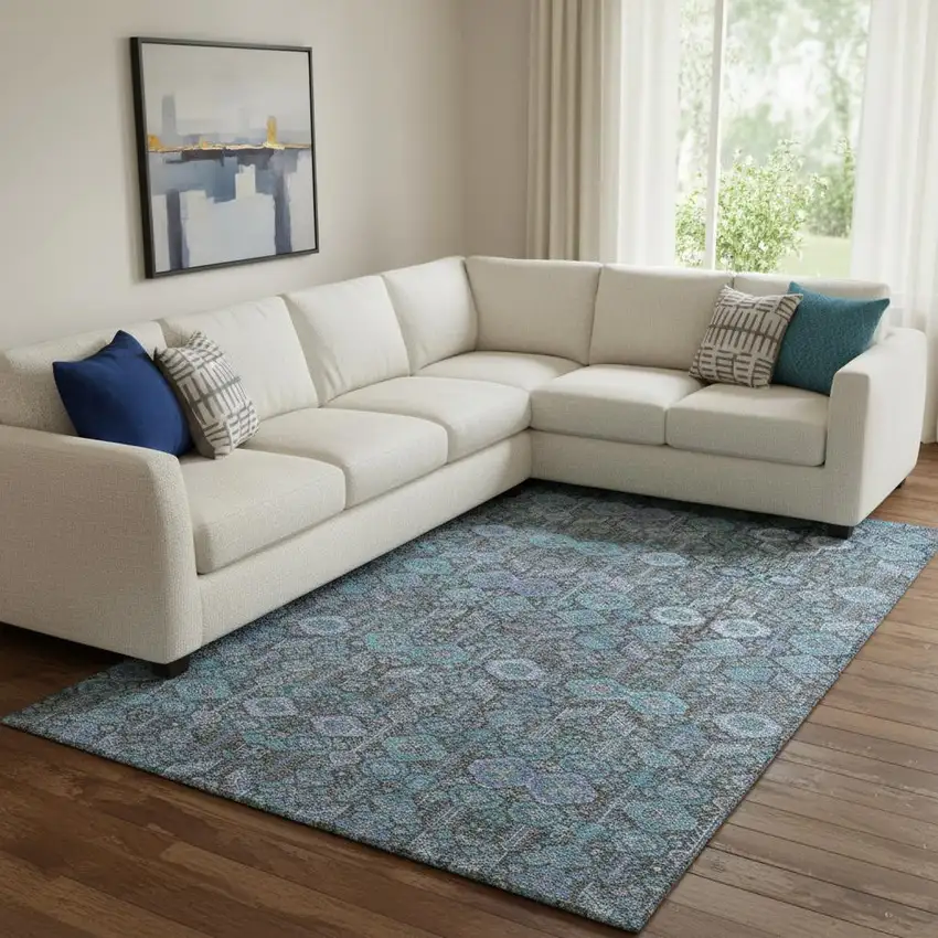 Teal And Gray Tribal Washable Area Rug With UV Protection Photo 1