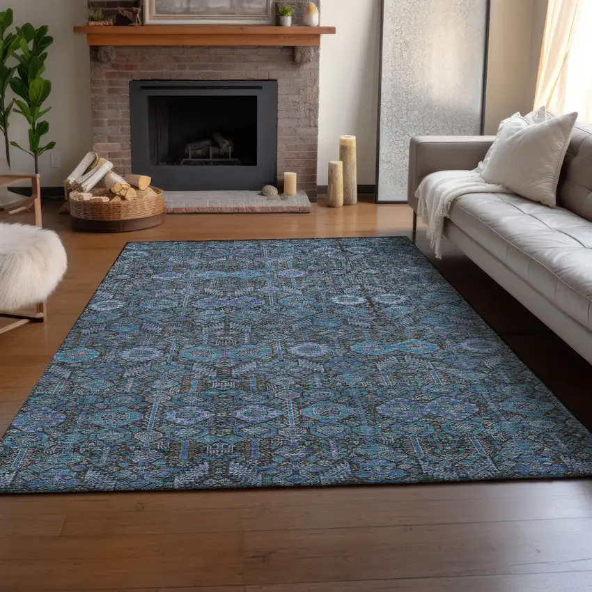 Teal And Gray Tribal Washable Area Rug With UV Protection Photo 6