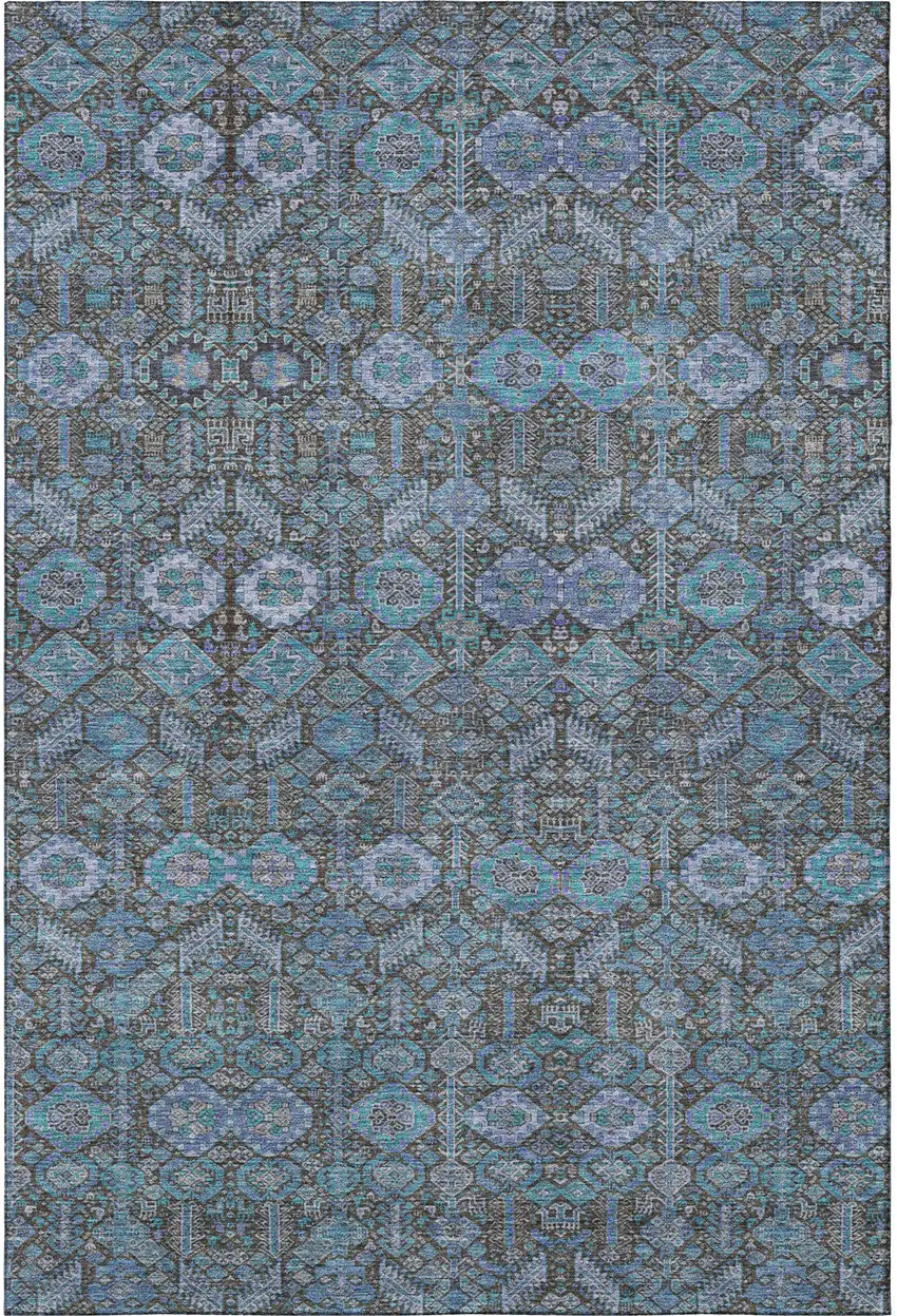 Teal And Gray Tribal Washable Area Rug With UV Protection Photo 4