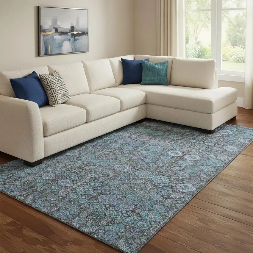 Teal And Gray Tribal Washable Area Rug With UV Protection Photo 1