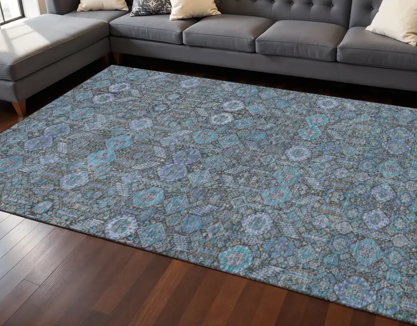 Teal And Gray Tribal Washable Area Rug With UV Protection Photo 2