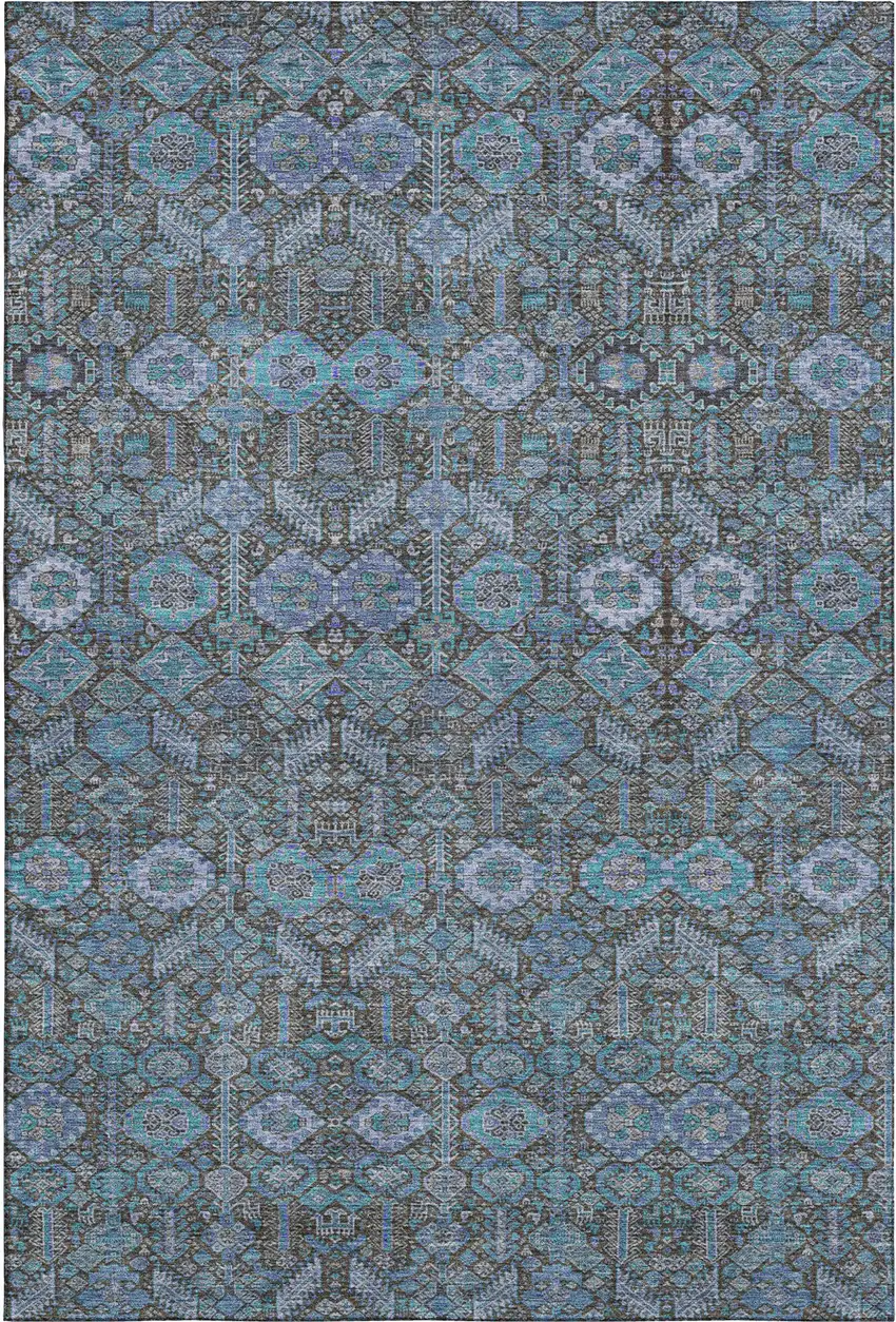 Teal And Gray Tribal Washable Area Rug With UV Protection Photo 1