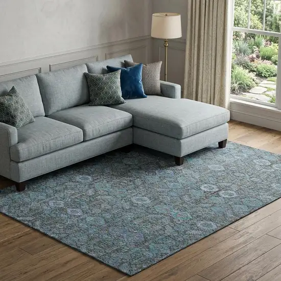 Teal And Gray Tribal Washable Area Rug With UV Protection Photo 1