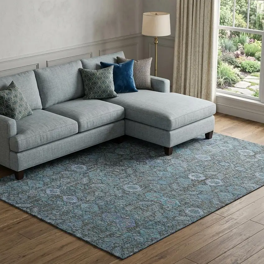 Teal And Gray Tribal Washable Area Rug With UV Protection Photo 1