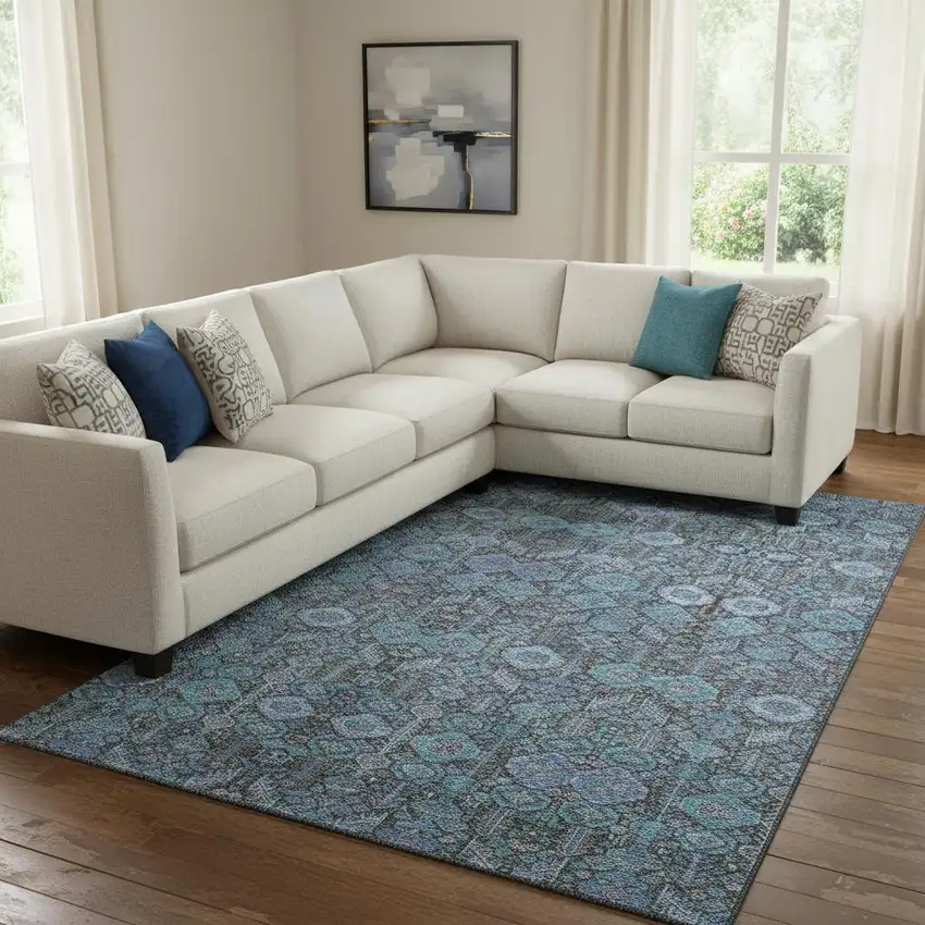 Teal And Gray Tribal Washable Area Rug With UV Protection Photo 1