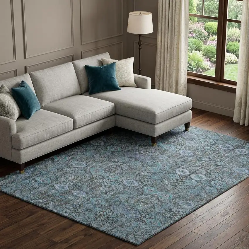 Teal And Gray Tribal Washable Area Rug With UV Protection Photo 1