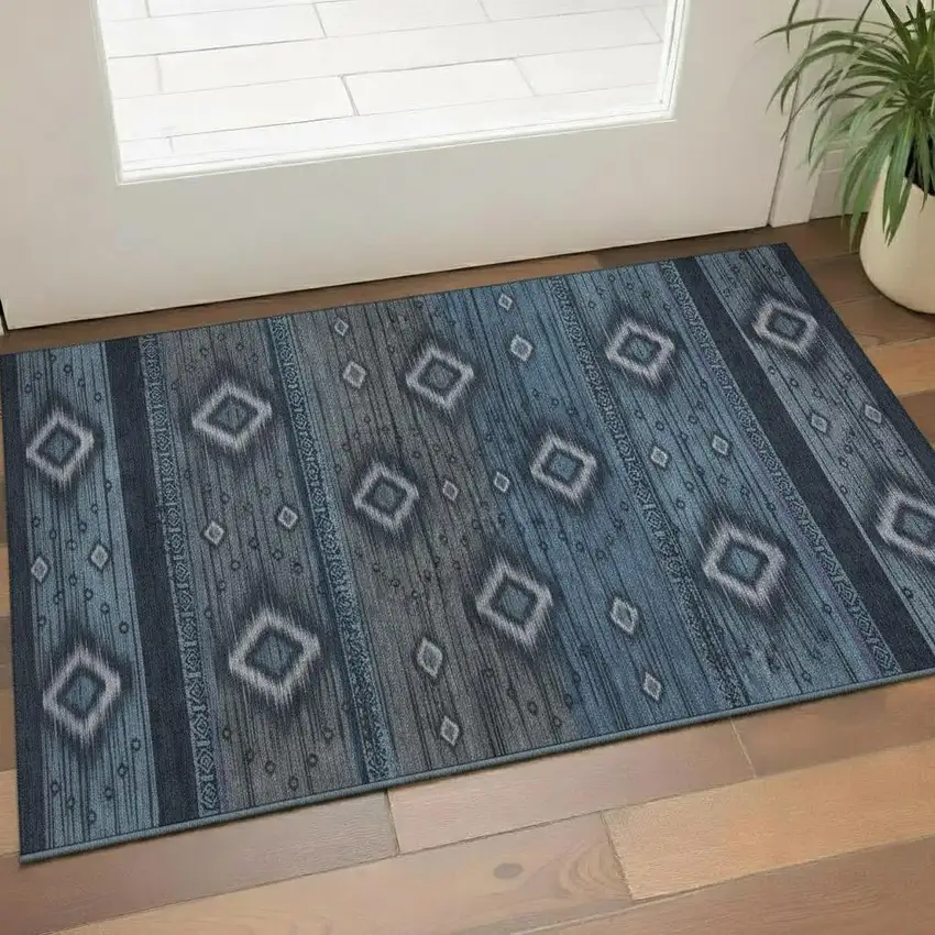 Teal And Gray Tribal Washable Area Rug With UV Protection Photo 2