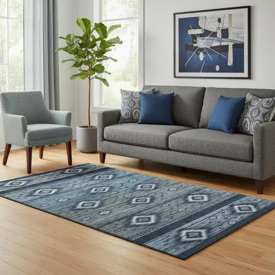 Teal And Gray Tribal Washable Area Rug With UV Protection Photo 2