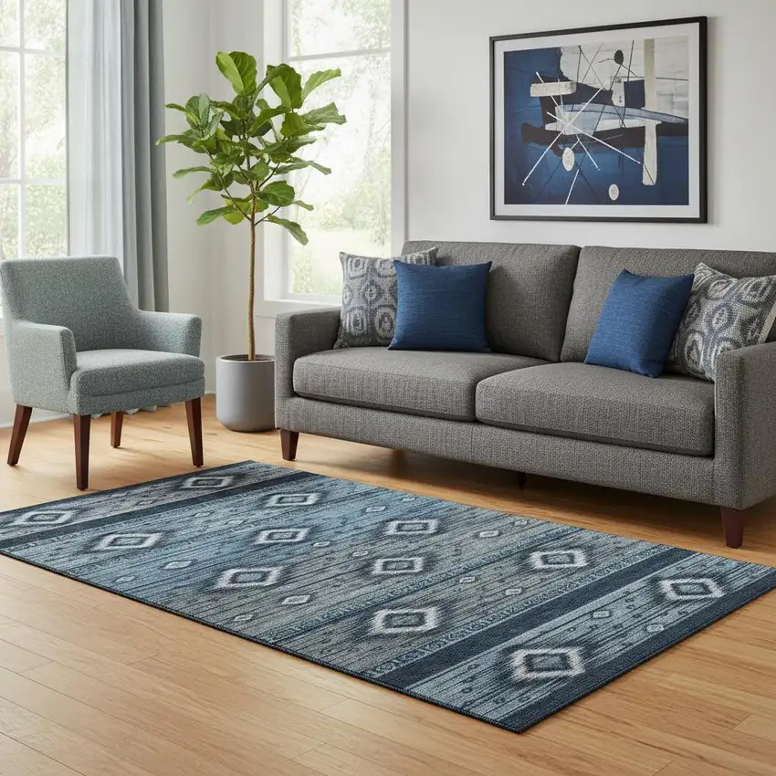 Teal And Gray Tribal Washable Area Rug With UV Protection Photo 2