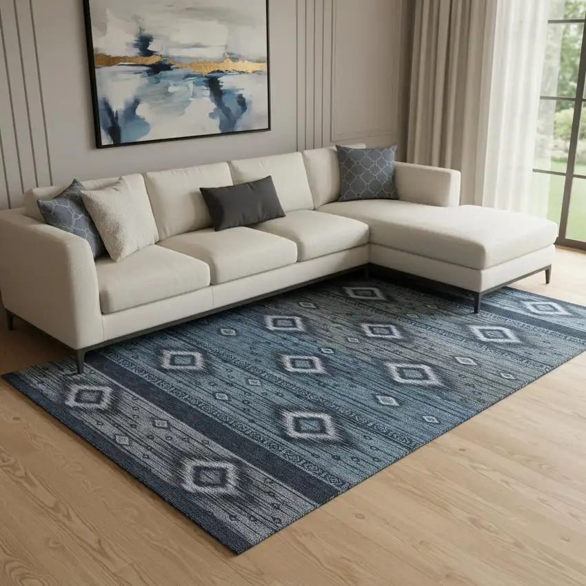 Teal And Gray Tribal Washable Area Rug With UV Protection Photo 2