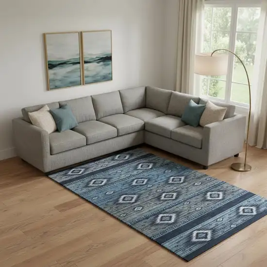 Teal And Gray Tribal Washable Area Rug With UV Protection Photo 2
