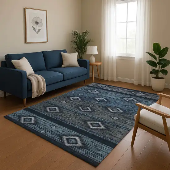 Teal And Gray Tribal Washable Area Rug With UV Protection Photo 5