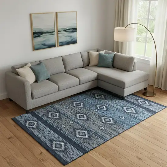 Teal And Gray Tribal Washable Area Rug With UV Protection Photo 2