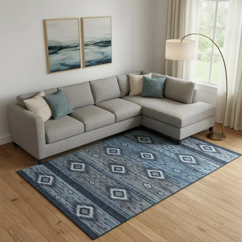 Teal And Gray Tribal Washable Area Rug With UV Protection Photo 2
