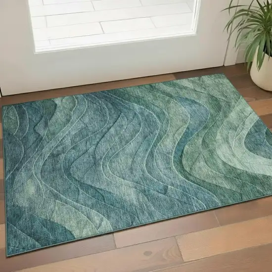 Teal And Green Abstract Washable Area Rug With UV Protection Photo 2