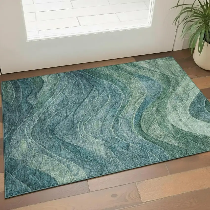 Teal And Green Abstract Washable Area Rug With UV Protection Photo 2