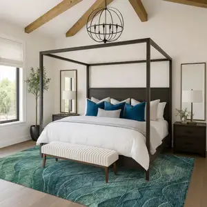 Photo of Teal And Green Abstract Washable Area Rug With UV Protection