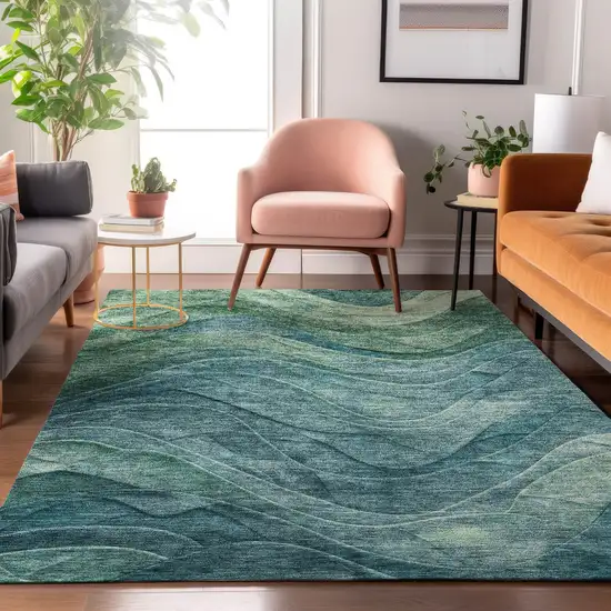 Teal And Green Abstract Washable Area Rug With UV Protection Photo 4