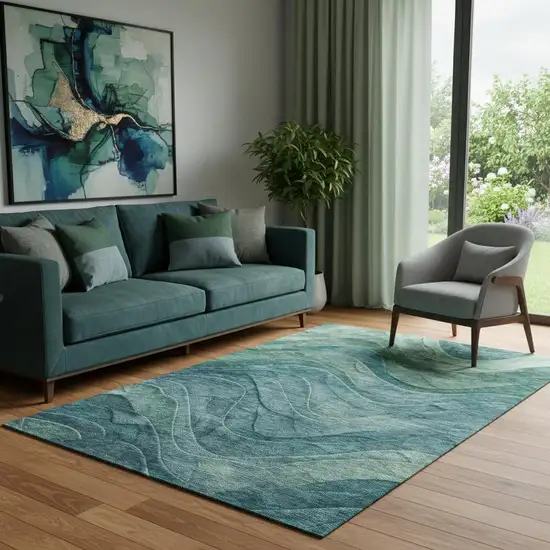 Teal And Green Abstract Washable Area Rug With UV Protection Photo 2
