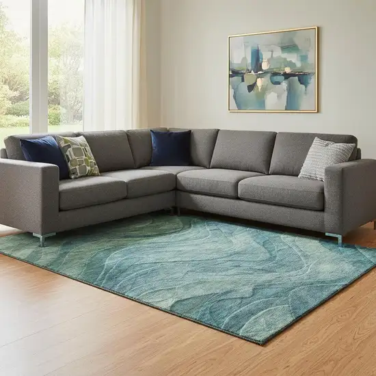 Teal And Green Abstract Washable Area Rug With UV Protection Photo 2