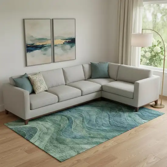 Teal And Green Abstract Washable Area Rug With UV Protection Photo 2